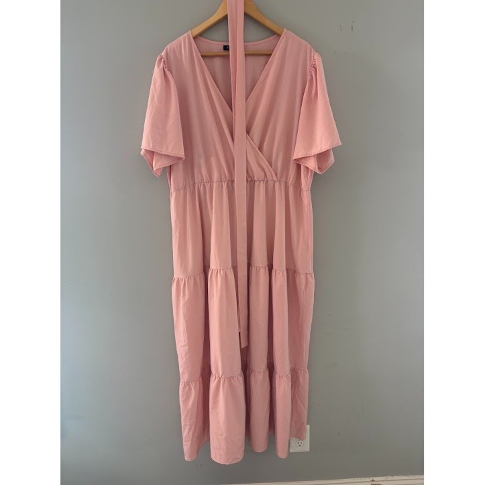 Kojooin‎ Size 3XL Pink Maxi Dress V-Neck Short Flutter Sleeves Full Skirt